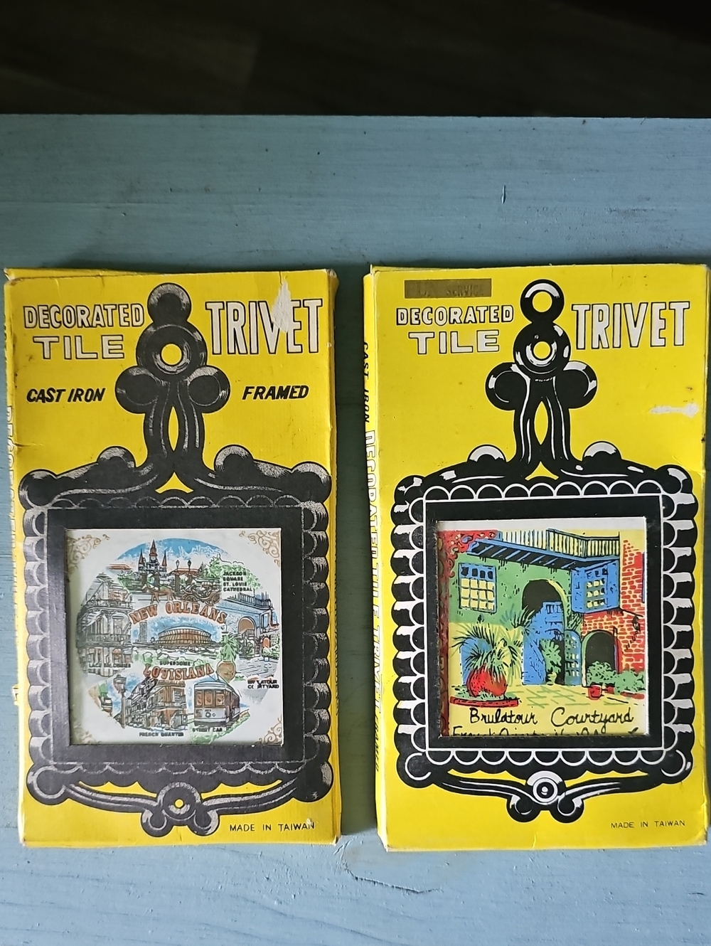 Vintage New Orleans Decorated Tile Trivet Set - Original Box Vintage Artwork